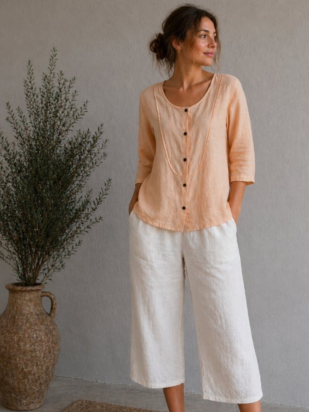 Hot Cotton 100% Linen Peach Shirt Women Size M Button Front Lightweight Summer